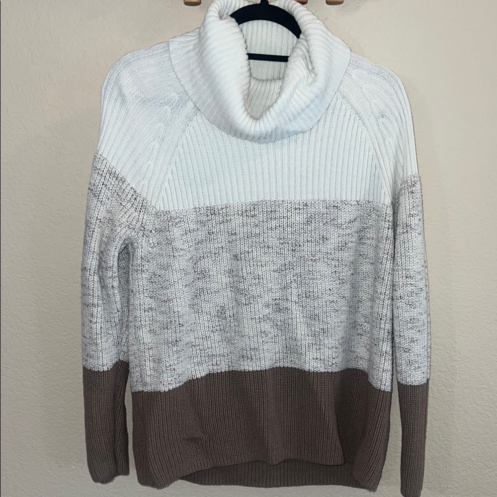 Modern White and Brown Cowl Turtleneck Sweater